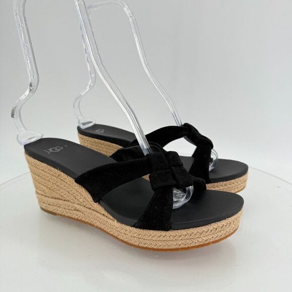 UGG Niyomee Espadrille Wedge Sandal Women's Size 10 Black Suede Leather Slide - Picture 8 of 14